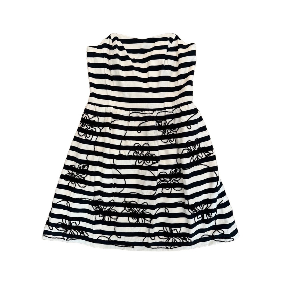 Lilly Pulitzer Black White Striped Strapless Embroidered Flower Dress size 8